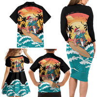 Vintage Santa Claus Surfing Summer Family Matching Long Sleeve Bodycon Dress and Hawaiian Shirt Mele Kalikimaka i Iulai! LT9 Mom's Dress Black - Polynesian Pride