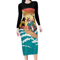 Vintage Santa Claus Surfing Summer Family Matching Long Sleeve Bodycon Dress and Hawaiian Shirt Mele Kalikimaka i Iulai!