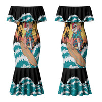 Vintage Santa Claus Surfing Summer Family Matching Mermaid Dress and Hawaiian Shirt Mele Kalikimaka i Iulai! LT9 Mom's Dress Black - Polynesian Pride