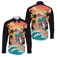 Vintage Santa Claus Surfing Summer Family Matching Off The Shoulder Long Sleeve Dress and Hawaiian Shirt Mele Kalikimaka i Iulai! LT9 Dad's Shirt - Long Sleeve Black - Polynesian Pride