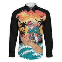 Vintage Santa Claus Surfing Summer Family Matching Off The Shoulder Long Sleeve Dress and Hawaiian Shirt Mele Kalikimaka i Iulai! LT9 Daughter's Dress Black - Polynesian Pride