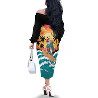 Vintage Santa Claus Surfing Summer Family Matching Off The Shoulder Long Sleeve Dress and Hawaiian Shirt Mele Kalikimaka i Iulai!