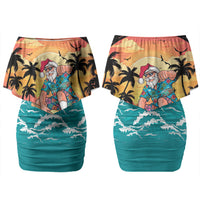 Vintage Santa Claus Surfing Summer Family Matching Off Shoulder Short Dress and Hawaiian Shirt Mele Kalikimaka i Iulai! LT9 Mom's Dress Black - Polynesian Pride