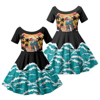 Vintage Santa Claus Surfing Summer Family Matching Off Shoulder Short Dress and Hawaiian Shirt Mele Kalikimaka i Iulai! LT9 Daughter's Dress Black - Polynesian Pride