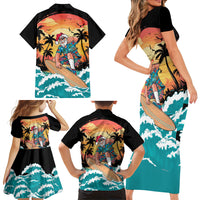 Vintage Santa Claus Surfing Summer Family Matching Short Sleeve Bodycon Dress and Hawaiian Shirt Mele Kalikimaka i Iulai! LT9 Mom's Dress Black - Polynesian Pride