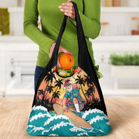 Vintage Santa Claus Surfing Summer Grocery Bag Mele Kalikimaka i Iulai!