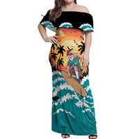 Vintage Santa Claus Surfing Summer Off Shoulder Maxi Dress Mele Kalikimaka i Iulai! LT9 Women Black - Polynesian Pride