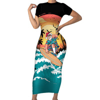 Vintage Santa Claus Surfing Summer Short Sleeve Bodycon Dress Mele Kalikimaka i Iulai! LT9 Long Dress Black - Polynesian Pride