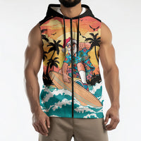 Vintage Santa Claus Surfing Summer Sleeveless Zip Hoodie Mele Kalikimaka i Iulai!