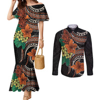 Vintage Hibiscus Pacific Floral Couples Matching Mermaid Dress and Long Sleeve Button Shirt LT9 Black - Polynesian Pride