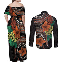 Vintage Hibiscus Pacific Floral Couples Matching Off Shoulder Maxi Dress and Long Sleeve Button Shirt LT9 - Polynesian Pride