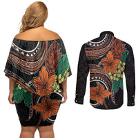 Vintage Hibiscus Pacific Floral Couples Matching Off Shoulder Short Dress and Long Sleeve Button Shirt LT9 - Polynesian Pride