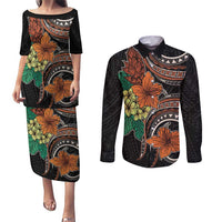 Vintage Hibiscus Pacific Floral Couples Matching Puletasi and Long Sleeve Button Shirt LT9 Black - Polynesian Pride