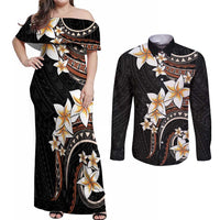 Vintage Plumeria Pacific Floral Couples Matching Off Shoulder Maxi Dress and Long Sleeve Button Shirt LT9 Black - Polynesian Pride
