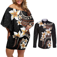 Vintage Plumeria Pacific Floral Couples Matching Off Shoulder Short Dress and Long Sleeve Button Shirt LT9 Black - Polynesian Pride