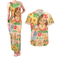 Kawaii Hula Girls Couples Matching Tank Maxi Dress and Hawaiian Shirt Aloha Hibiscus Flowers