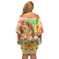 Kawaii Hula Girls Off Shoulder Short Dress Aloha Hibiscus Flowers LT9 - Polynesian Pride