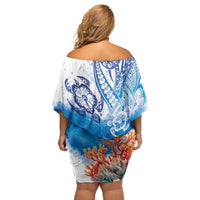 Hibiscus Turtle Tattoo Coral Reef Off Shoulder Short Dress with Polynesian Tribal LT9 - Polynesian Pride