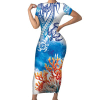 Hibiscus Turtle Tattoo Coral Reef Short Sleeve Bodycon Dress with Polynesian Tribal LT9 Long Dress White - Polynesian Pride