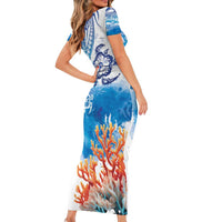 Hibiscus Turtle Tattoo Coral Reef Short Sleeve Bodycon Dress with Polynesian Tribal LT9 - Polynesian Pride
