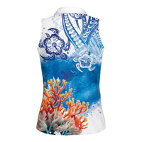 Hibiscus Turtle Tattoo Coral Reef Women Sleeveless Polo Shirt with Polynesian Tribal