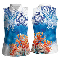 Hibiscus Turtle Tattoo Coral Reef Women Sleeveless Polo Shirt with Polynesian Tribal