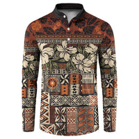 Pacific Hibiscus Tapa Tribal Vintage Button Sweatshirt Brown Motif LT9 Brown - Polynesian Pride