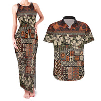 Pacific Hibiscus Tapa Tribal Vintage Couples Matching Tank Maxi Dress and Hawaiian Shirt Brown Motif