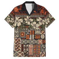Pacific Hibiscus Tapa Tribal Vintage Family Matching Off The Shoulder Long Sleeve Dress and Hawaiian Shirt Brown Motif