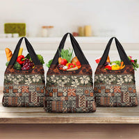 Pacific Hibiscus Tapa Tribal Vintage Grocery Bag Brown Motif LT9 3-pack One Size Brown - Polynesian Pride