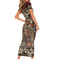 Pacific Hibiscus Tapa Tribal Vintage Short Sleeve Bodycon Dress Brown Motif LT9 - Polynesian Pride