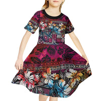 Pacific Hibiscus Tapa Tribal Vintage Kid Short Sleeve Dress Pink Motif