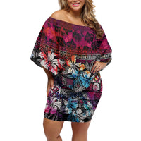 Pacific Hibiscus Tapa Tribal Vintage Off Shoulder Short Dress Pink Motif LT9 Women Pink - Polynesian Pride