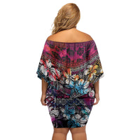 Pacific Hibiscus Tapa Tribal Vintage Off Shoulder Short Dress Pink Motif LT9 - Polynesian Pride