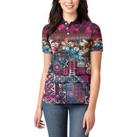 Pacific Hibiscus Tapa Tribal Vintage Women Polo Shirt Pink Motif