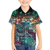 Pacific Hibiscus Tapa Tribal Vintage Family Matching Off The Shoulder Long Sleeve Dress and Hawaiian Shirt Turquoise Motif