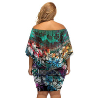 Pacific Hibiscus Tapa Tribal Vintage Family Matching Off Shoulder Short Dress and Hawaiian Shirt Turquoise Motif