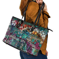 Pacific Hibiscus Tapa Tribal Vintage Leather Tote Bag Turquoise Motif LT9 - Polynesian Pride