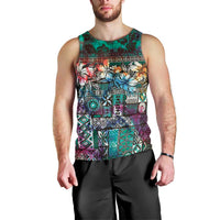 Pacific Hibiscus Tapa Tribal Vintage Men Tank Top Turquoise Motif LT9 - Polynesian Pride