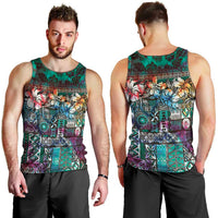 Pacific Hibiscus Tapa Tribal Vintage Men Tank Top Turquoise Motif LT9 - Polynesian Pride