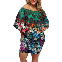 Pacific Hibiscus Tapa Tribal Vintage Off Shoulder Short Dress Turquoise Motif LT9 Women Turquoise - Polynesian Pride