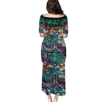 Pacific Hibiscus Tapa Tribal Vintage Puletasi Turquoise Motif LT9 - Polynesian Pride