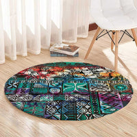 Pacific Hibiscus Tapa Tribal Vintage Round Carpet Turquoise Motif
