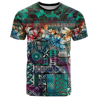 Pacific Hibiscus Tapa Tribal Vintage T Shirt Turquoise Motif LT9 Turquoise - Polynesian Pride