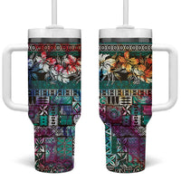 Pacific Hibiscus Tapa Tribal Vintage Tumbler With Handle Turquoise Motif LT9 One Size: 40 oz Turquoise - Polynesian Pride