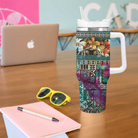 Pacific Hibiscus Tapa Tribal Vintage Tumbler With Handle Turquoise Motif LT9 - Polynesian Pride