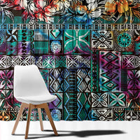 Pacific Hibiscus Tapa Tribal Vintage Window Curtain Turquoise Motif LT9 - Polynesian Pride