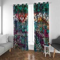 Pacific Hibiscus Tapa Tribal Vintage Window Curtain Turquoise Motif LT9 With Grommets Turquoise - Polynesian Pride