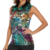 Pacific Hibiscus Tapa Tribal Vintage Women Sleeveless Polo Shirt Turquoise Motif