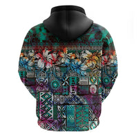 Pacific Hibiscus Tapa Tribal Vintage Zip Hoodie Turquoise Motif